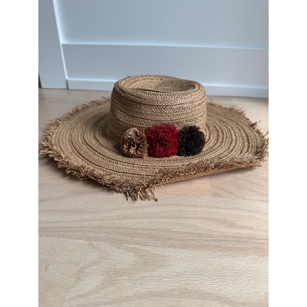 J. Jill Straw Sun Hat Wide Frayed Brim Pom Poms Natural Tan